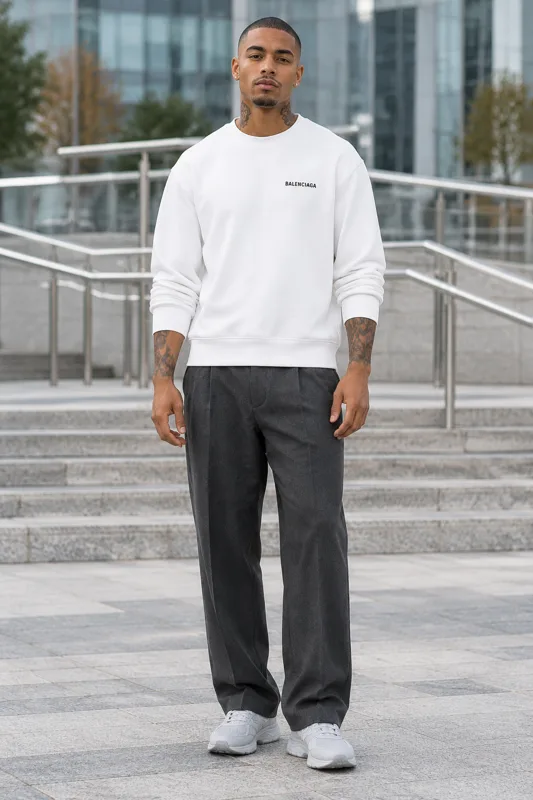 White Sweatshirt and Charcoal Pleated Wide Trousers