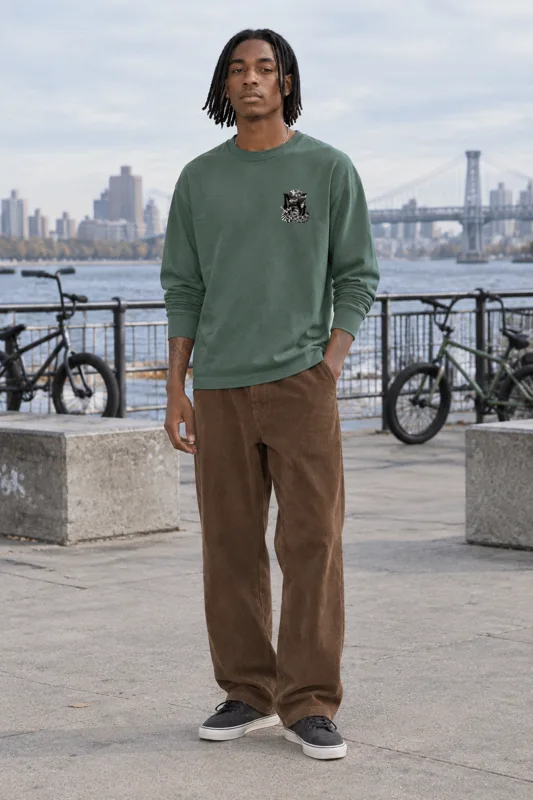 Sage Green Pullover and Brown Corduroy Wide Trousers