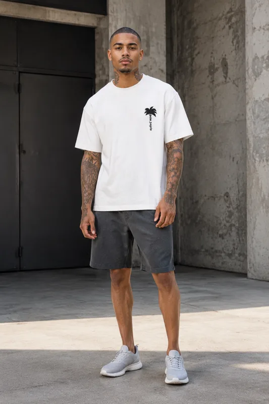Off-White Palm Tree Tee and Charcoal Shorts