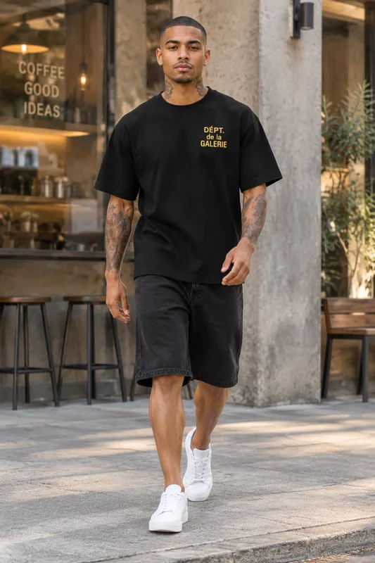 Black Yellow-Lettered Tee and Black Denim Shorts
