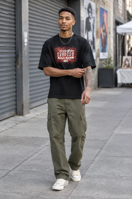 Black Typographic Tee and Olive Cargo Trousers