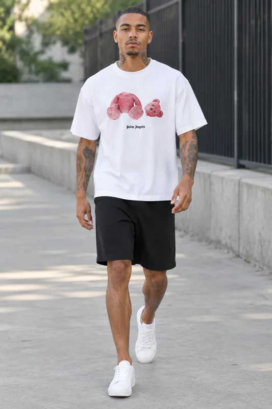 White Red Graphic Tee and Black Shorts