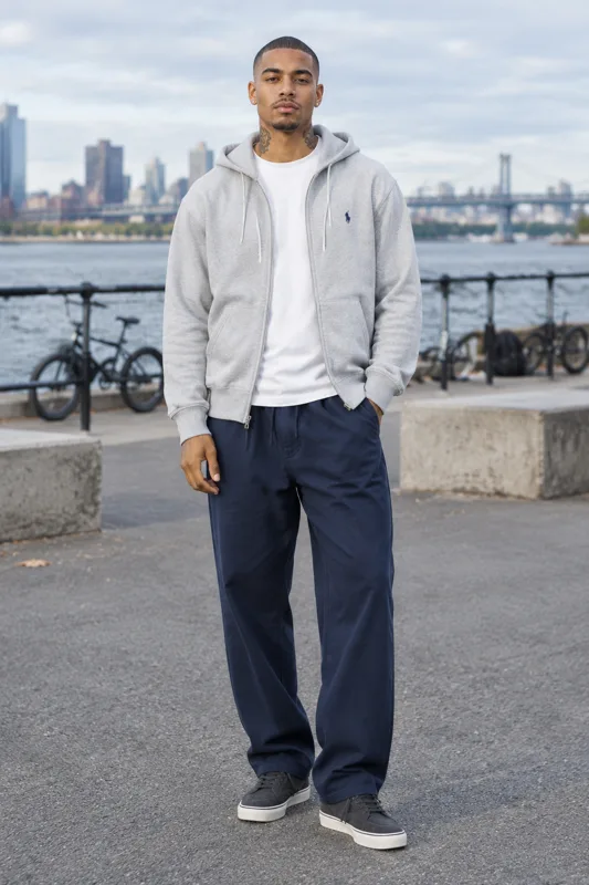 Heather Gray Zip Hoodie and Navy Trousers