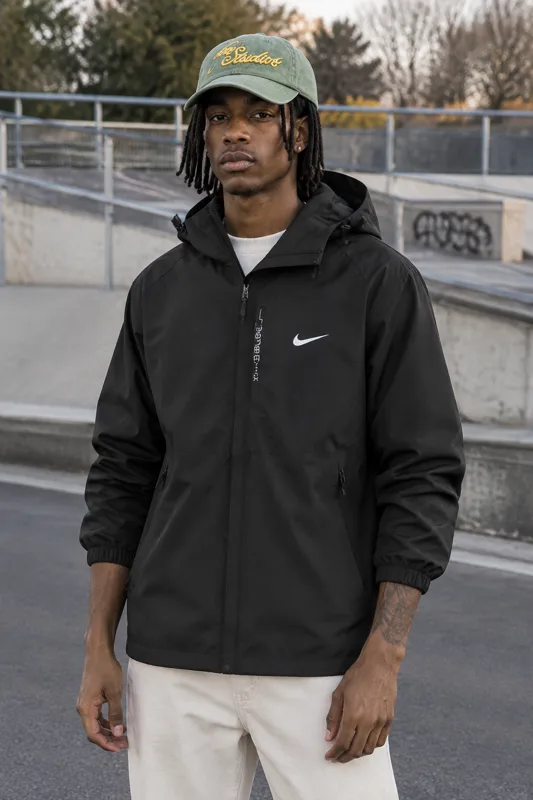 NK / UA Hooded Zip Jacket & Acne Studios Washed Cap outfit · Zion