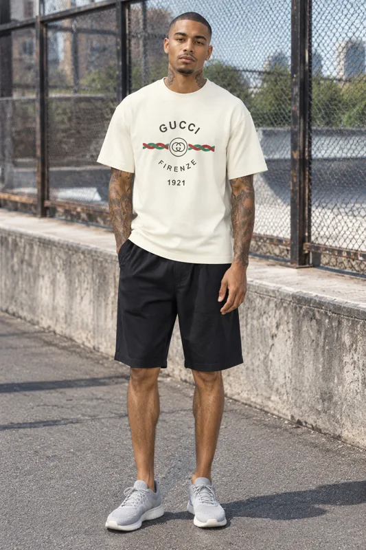 Off-White Heritage Graphic Tee and Black Shorts