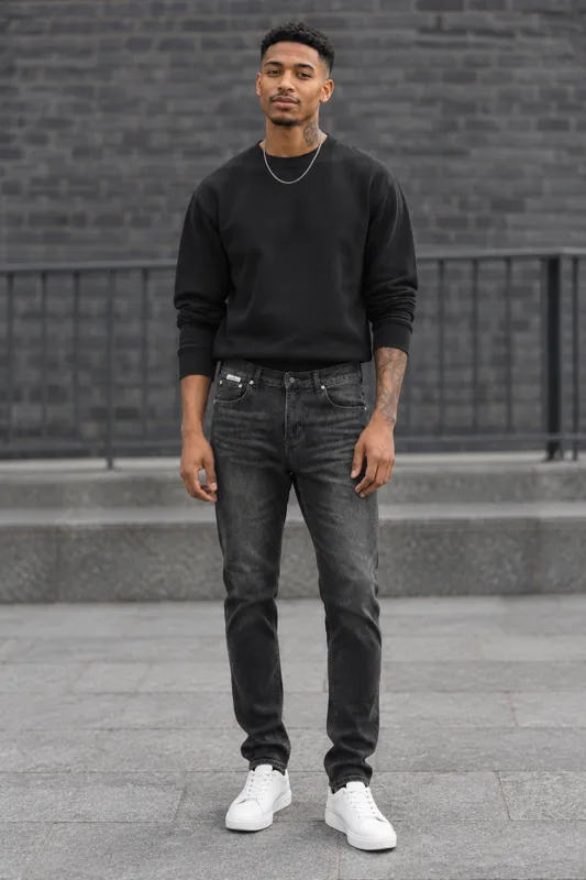 Black Sweatshirt and Washed Charcoal Jeans Minimal Look